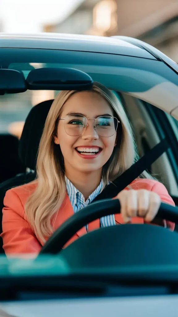 Lachende blonde vrouw met bril en oranje blazer achter het stuur van een auto.